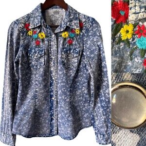 JAK Western Shirt Floral Embroidery Pearl Snap Buttons Pockets Cowgirl Sz L